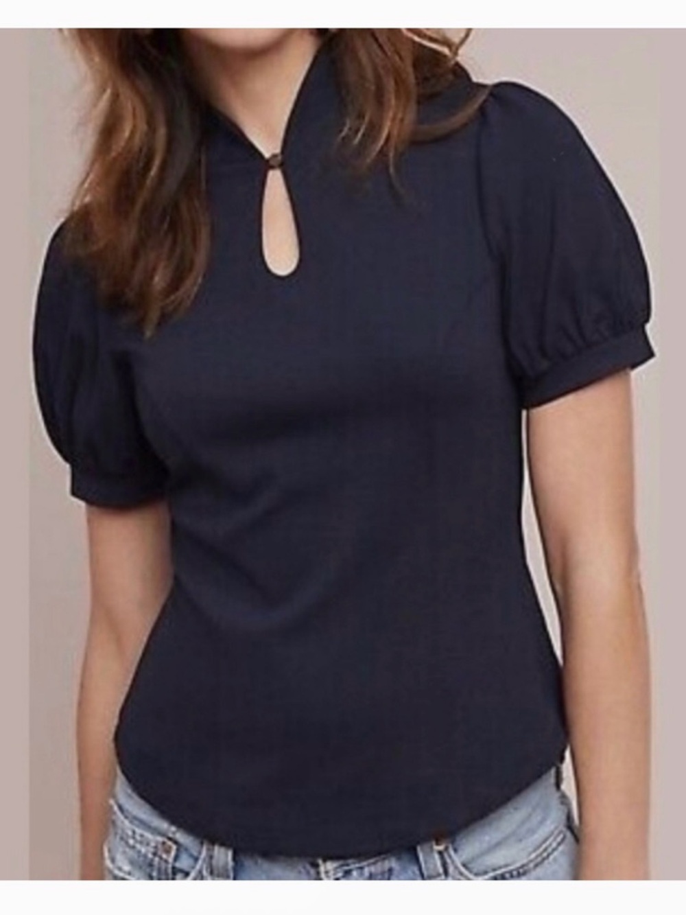 ETT TWA Dark Navy Blue Puff Sleeve Keyhole Mandarin Collar Shirt Top XS X-Small